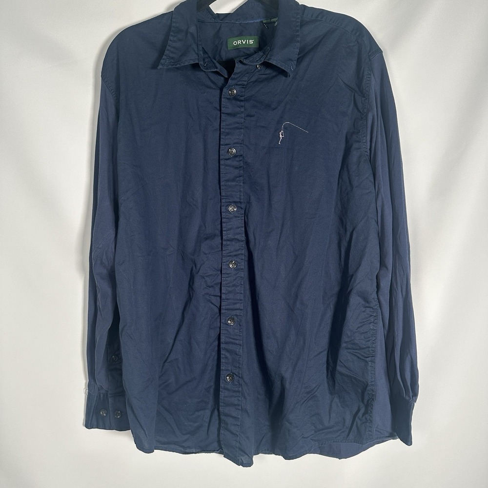 Orvis Mens Large‎ Active Fit Navy Long Sleeve Button Up Fly Fish Embroidery